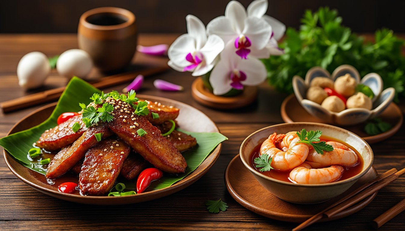 découvrez les saveurs exotiques du vietnam avec notre plat savoureux de porc caramélisé, crevettes en sauce d'huître et palourdes parfumées à la coriandre. une expérience culinaire inoubliable qui éveillera vos papilles!