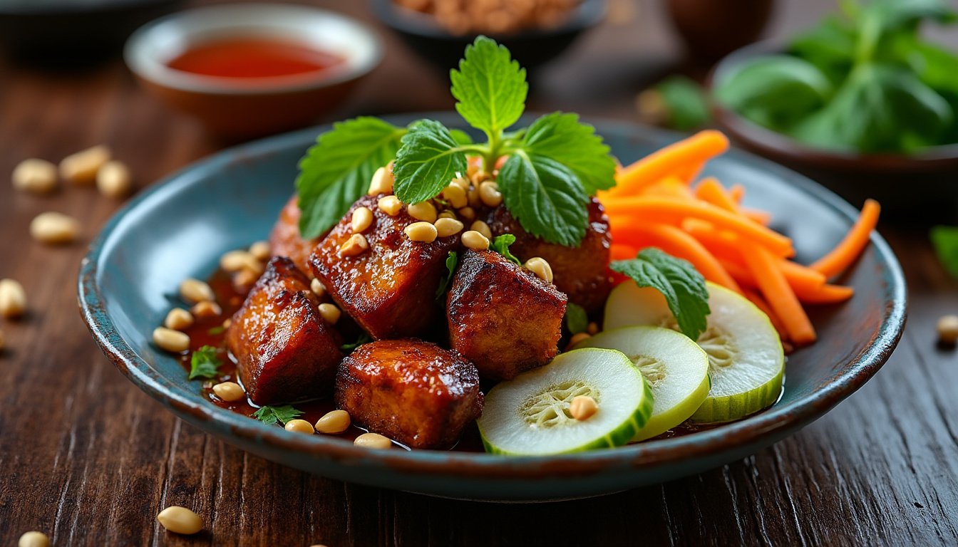 découvrez la richesse des saveurs vietnamiennes avec notre plat savoureux de porc caramélisé, de crevettes en sauce d'huître et de palourdes délicatement parfumées à la coriandre. un voyage culinaire qui éveillera vos papilles et vous transportera au cœur du vietnam.